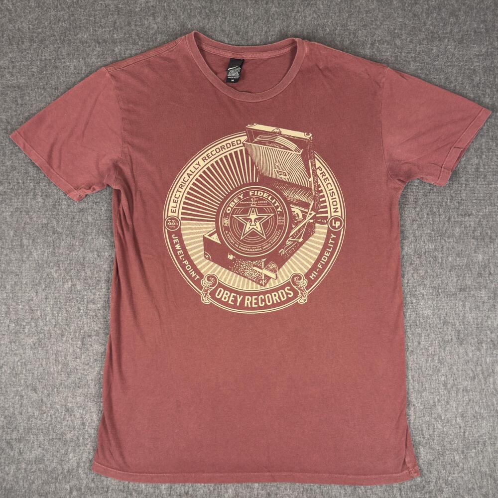 OBEY Records Shirt Mens Medium Red Turntable Graphic Tee T-Shirt Music Retro